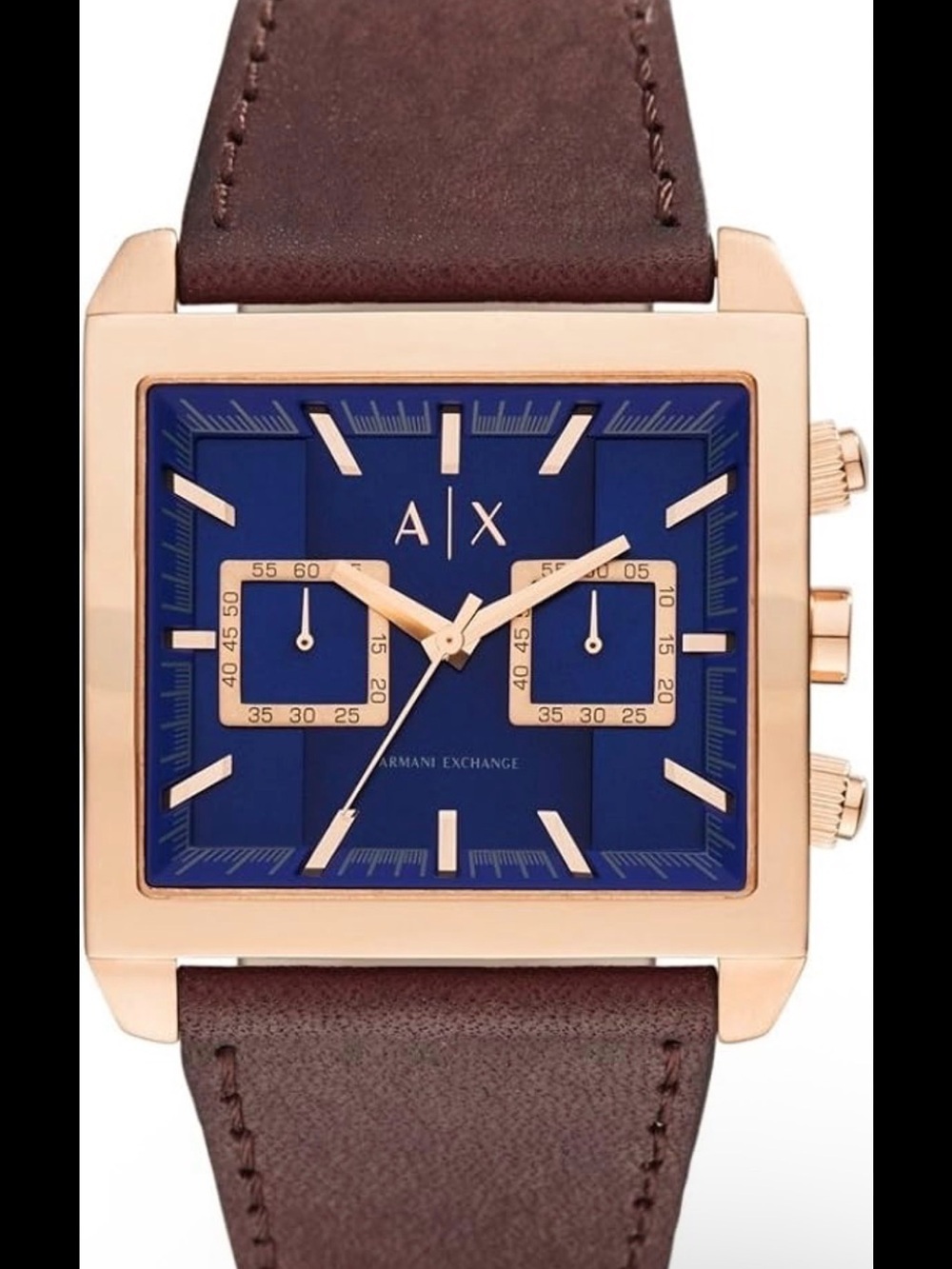 Armani Exchange Rose Gold Square Chronograph Watch - Blue Dial & Brown Strap
